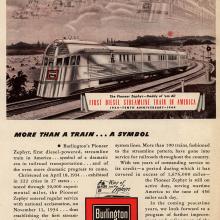 Advertisement for a steamlined train located in the United States in the 1930s. The advertisement features a drawing of a train with trains in the clouds.