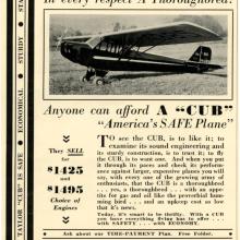 Advertisement for the Piper Cub, a monoplane with one engine. The advertisement features an image of an already produced Piper Cub in the top half of the image and information and persuasion to buy the plane is written below the photo.