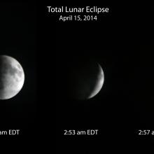 Three different views of a total lunar eclipse, placed in the order of which they occurred from the farthest from totality to the closest to totality.