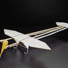 Gliding racing plane model with two separate sets of wings and rubber bands to power the plane.