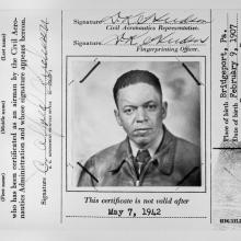 Pilot license belonging to C. Alfred Anderson, an African-American male pilot who served as a flight instructor for the Tuskegee Airmen.