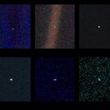 A set of six images of the whole solar system, featured as a pale blue dot in each photo.