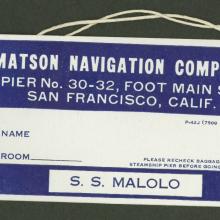 S.S. <em>Malolo</em> Baggage Tag