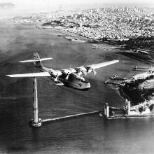 <em>China Clipper</em> over Golden Gate Bridge