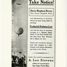 A black and white newspaper advertisement for a pilot demonstration featuring pilot Harry Bingham Brown and parachutist Frederick Rodman Law.