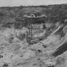 View of a quarry hiding a complex used by Germany to hold V-2 rockets prior to launching them.