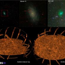 A collage of images revealing a range of galaxies across the universe using an orange-colored map. Above the galaxy map is a set of three images featuring a galaxy visible in a green color.