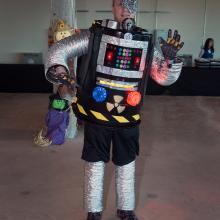 A Museum visitor wears a robot costume at the Museum's annual Halloween event.