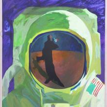 Oil painting featuring a U.S. astronaut wearing an astronaut suit. In the visor of the helmet, a reflection of a person holding a French flag can be seen.