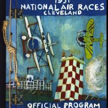 Cover to a scrapbook about the 1931 National Air Races featuring a painting of multiple aircraft flying around a pillar. Below the painting, the creator of the scrapbook lists their status in the race and their pilot's license number.