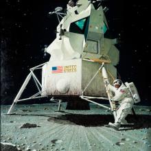 Oil painting of the Apollo 11 landing, featuring the Lunar Module and Neil Armstrong just seconds from taking his first step on the Moon.