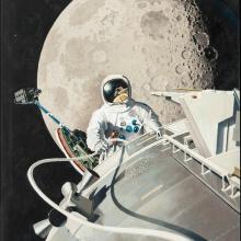 Acrylic painting of astronaut James Irwin performing the first deep space spacewalk near the Apollo command module. The moon can be seen behind Irwin.