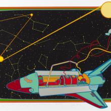 Artwork featuring an astronaut tethered from a red and light green spacesuit. The astronaut is linking stars to create constellations using string on the rocket.