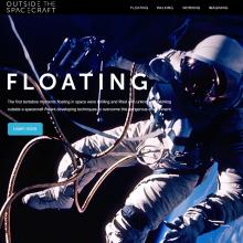 A screenshot of the Museum's website for an exhibit on spaceflights and extra-vehicular activity. The background features an astronaut attached to cables as they float in space.