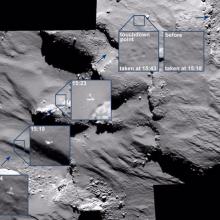 Different perspectives of a small spacecraft landing on a comet from the perspective of its mother spacecraft. The comet has a gray, rocky appearance.