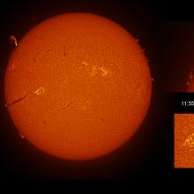 Two disk views of the Sun, side-by-side, with further panels to the right showing specific features. The left disk view reveals the Sun's surface and shows a few sunspots (dark spots). On the right disk, the Sun's chromosphere reveals filaments (dark lines of gases floating above the Sun) and prominences (floating gases above the edge of the disk) on the right side. Multiple phages (lighter cloud areas) surrounding dark spots are also visible. The set of panels reveal the highlights in a closer view.