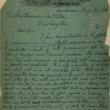 Wright Brothers Letter to Smithsonian (Pg 1 of 2)