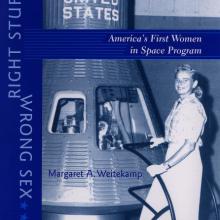 Scan of a book cover with a blue-colored photo of a female astronaut candidate standing beside a Mercury spacecraft.