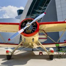 Frontal view of WACO AGC-8, a biplane with one two-blade propellor.