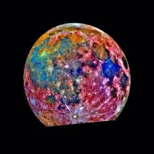 A mosaic of the moon using colours not featured on the moon to emphasize various features