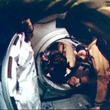 Stafford and Leonov Apollo-Soyuz Test Project (ASTP) Handshake