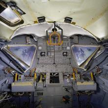 Interior view of Lunar Module 2 on display in Exploring the Moon