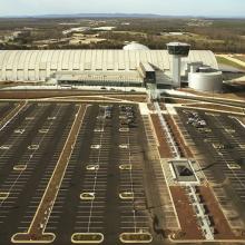 View from above of the Udvar-Hazy Center building and parking lot.