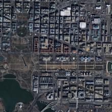 Satellite view of Washington, D.C., with many buildings on display.