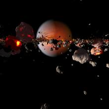 Depiction of the creation of the Moon following a collision between Earth and a Mars-sized celestial body