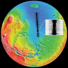 Visualization of radar data taken from above Mars. Full planet is shown in false colors of red, orange, yellow, green and blue with a ridge line highlighted running vertically in the center. 