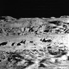 Close-up, Lunar Orbiter 2 view of the Copernicus crater, a deep, large crater on the Moon