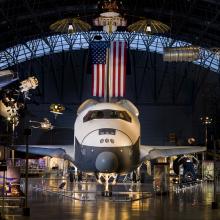 Front-facing view of the Space Shuttle Enterprise, a space shuttle previously displayed in the museum