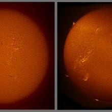 A comparison of images of the sun using different telescopes. The left image shows better examples of prominences, or plasma rising from the Sun's core gases, whereas the right image better highlights filaments of steam rising from the core gases and bright plages on the Sun.