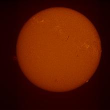 Disc image of the Sun which features prominences, sunspots, plages, and filaments throughout the disc.