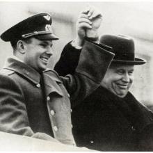 Gagarin and Nikita Khrushchev celebrate at Red Square.