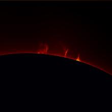 Partial view of the Sun with an emphasis on four prominences of plasma floating away from the Sun.