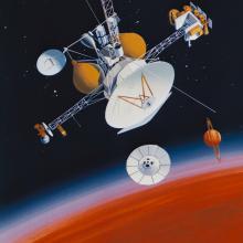 Artwork of the Saturn Orbitor, an uncrewed probe spacecraft, and the Titan Probe spacecraft, a spherical space probe, near Saturn.