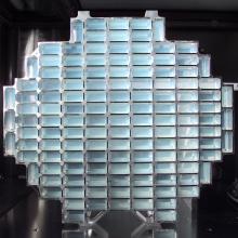 A honeycomb-like structure of rectangular aluminum cells filled with aerogel.