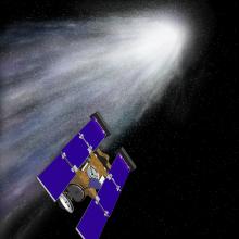 Illustration of the STARDUST space probe retrieving comet particples from a comet.