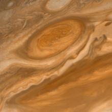 A red swirl of gases found on Jupiter slightly above the equatorial region shown as a darker line of gases.