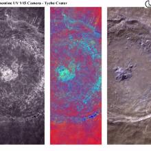 Three different perspectives of a large crater on the Moon using different camera filters on a spacecraft.