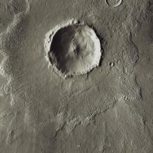 Satellite view of a 20 kilometer-wide crater on the surface of Mars.