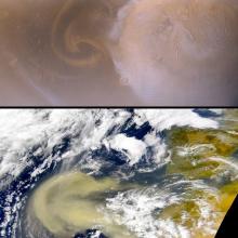 A picture of a dust stom on Mars is placed above a satellite picture of a dust storm on Earth.