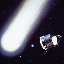 An artist's depiction of a cylindrical prism-shaped space probe passing Halley's Comet in space.