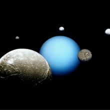 A perspective of Uranus, a blue gas planet, and its five major moons surrounding Uranus.