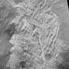 A satellite view of fields of dried lava flows on the surface of Venus.