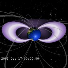 A visualization of two radiation belts surrounding Earth. The two belts are in purple and white.