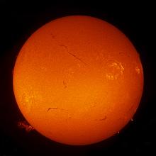 Disk view of the sun with multiple large filaments (dark lines), three sunspot clusters, and one large prominence of plasma rising from the surface visible.