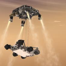 Artist depiction of Curiosity, a robotic Mars rover, in the process of landing on Mars using part of its body with propellors to facilitate a safe landing.