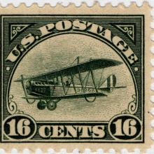 Three stamps with different colors representing the cost to fly the item using the newly established Air Mail service.